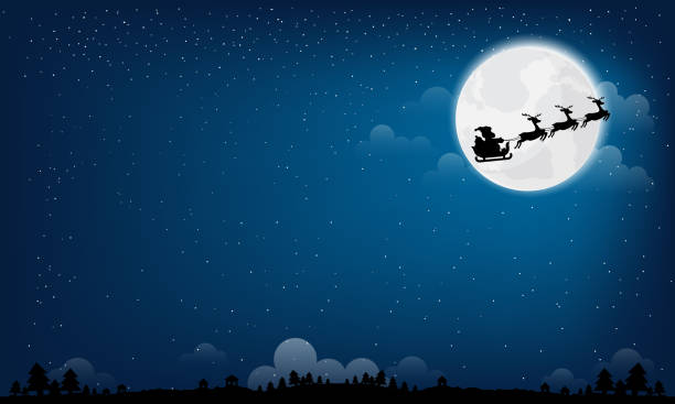 istock Santa Claus rides in harness on the reindeer over full moon on blue background,Vector illustration 1285191608