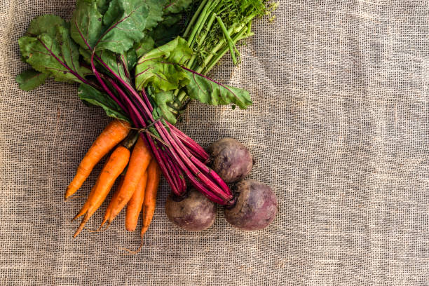 fresh organic carrots and beets on jute background in Brazil