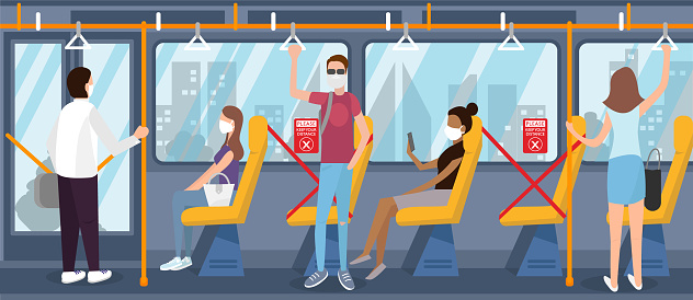 Illustration of people complying to social distancing while commuting on a bus