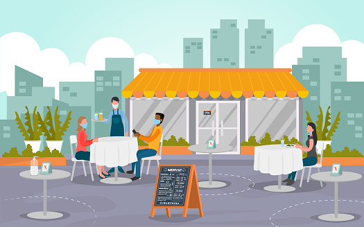 Illustration of a group of people eating outdoors at a restaurant and complying to social distancing during the COVID-19 pandemic