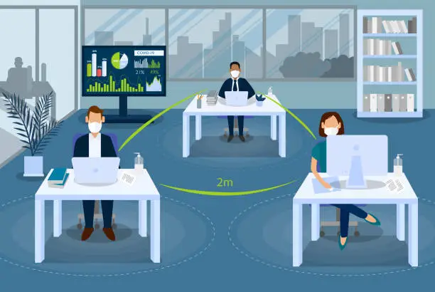 Vector illustration of Illustration of a group of workers complying to social distancing at the office