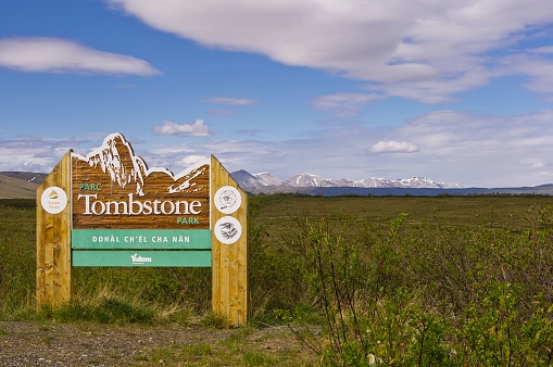 Entrance sign to Tombstone Park along the Dempster Highway, Yukon, Canada.
