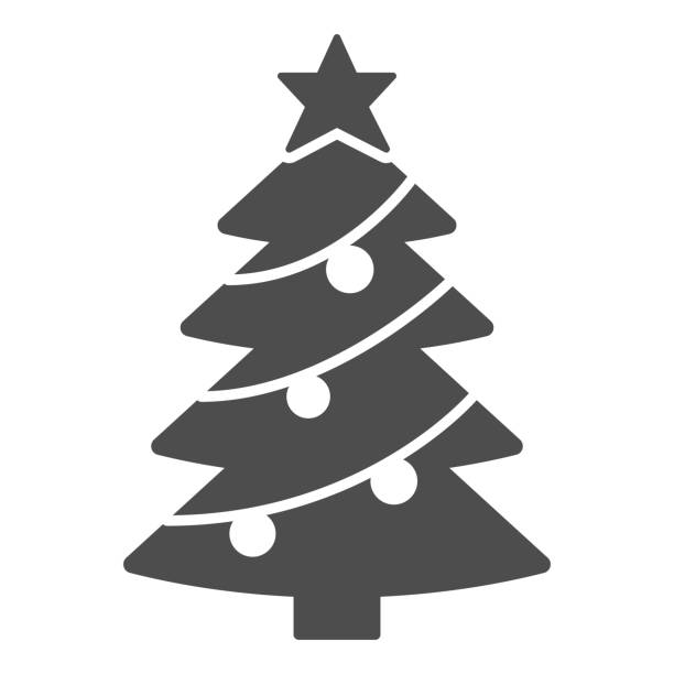 bildbanksillustrationer, clip art samt tecknat material och ikoner med julgran med dekorationer fast ikon, jul och nyår koncept, gran med stjärna och krans tecken på vit bakgrund, semester attribut ikon i glyf stil. vektorgrafik. - christmas tree