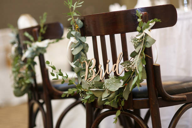 istock Wedding reception chairs for wedding couple with bride and groom wording 1285201709