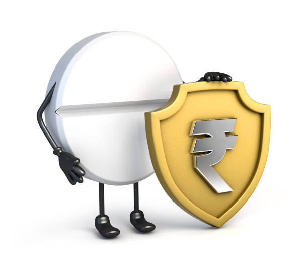 istock Tablet character holding golden shield with silver Rupee sign. 3d illustration. 1285203222