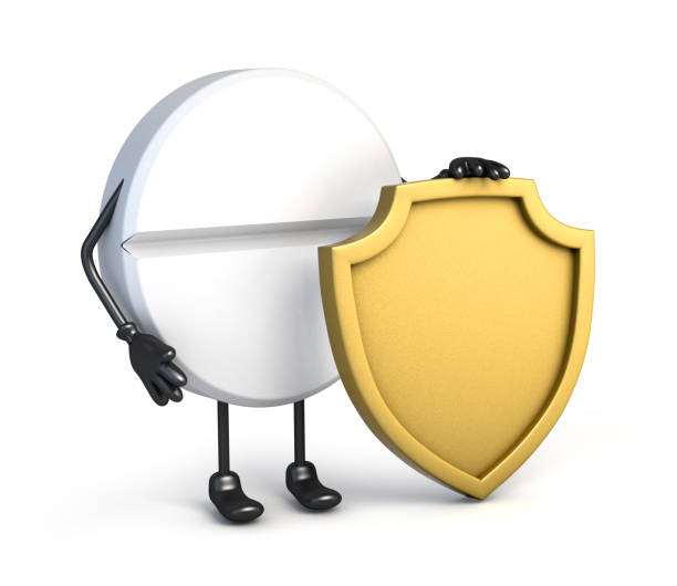 istock Tablet character holding golden shield . 3d illustration. 1285203254