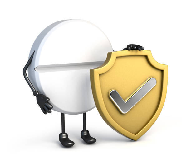 istock Tablet character holding golden shield with silver tick mark. 3d illustration. 1285203283