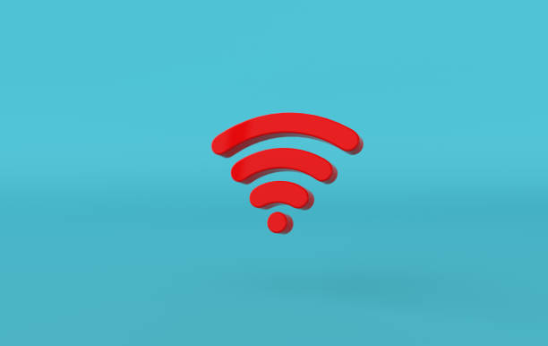 wi-fi アイコンの 3d レンダリング。青の背景に赤い wi-fi シンボル。ウェブサイト、ソーシャルメディア、プレゼンテーションのための3d rssシンボル - time zone audio ストックフォトと画像