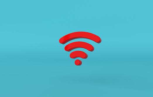 Wi-Fi icon 3d rendering. Red Wi-Fi symbol on blue background. 3d rss symbol for website, social media, presentation