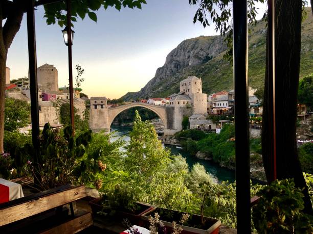 Old Bridge in Mostar, Bosnia and Herzegovina The old bridge in the old town of Mostar is so famous in the photo from the outreach on the afternoon before sunset, Bosnia and Herzegovina old town bridge tower stock pictures, royalty-free photos & images