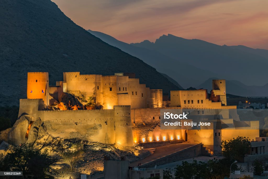 Nakhal Fort,Nakhal,Sultanate of Oman. Nakhal Fort is a large fortification in Al Batinah Region of Oman.Built on the foundations of a pre-Islamic structure, the towers and entrance of this fort were constructed during the reign of Imam Said Bin Sultan in 1834. Nakhal Stock Photo