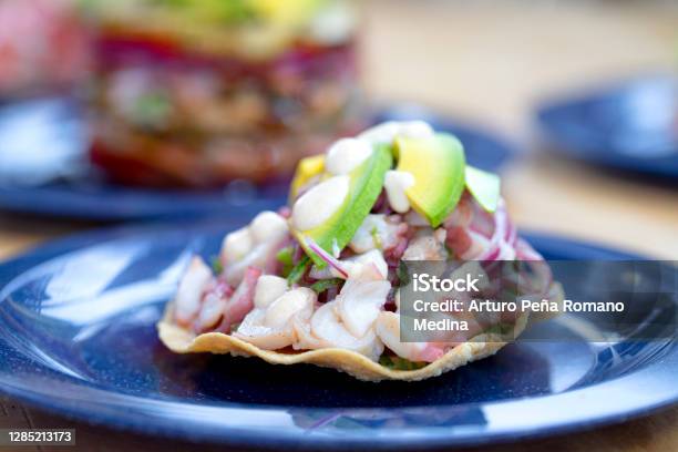 Octopus Toast Stock Photo - Download Image Now - Seviche, Octopus, Tostada