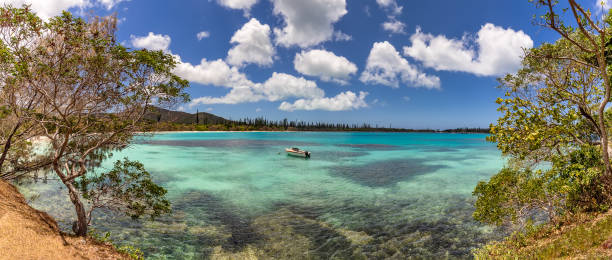 ニューカレドニアの松島の素晴らしいパノラマショット。海の美しいターコイズブルーの水と、土手に木が立ち上がっています。真ん中に停泊している孤独な漁船。背景として青い曇り空 - cloud sailboat fishing boat fishing industry ストックフォトと画像