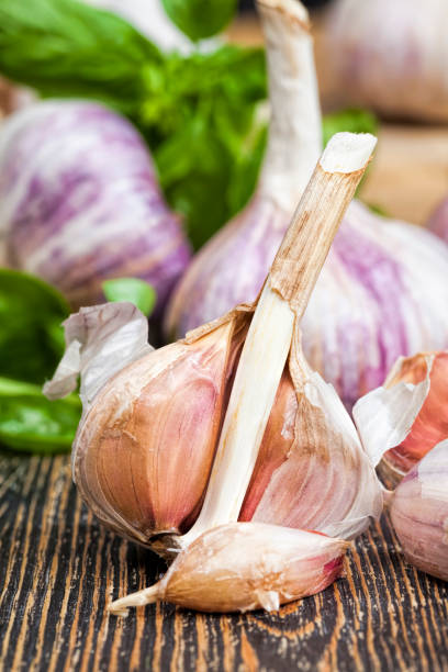 broken garlic and green Basil vegetables on the table during cooking ripe broken garlic and green Basil vegetables and spices on the cutting Board close up Relish stock pictures, royalty-free photos & images