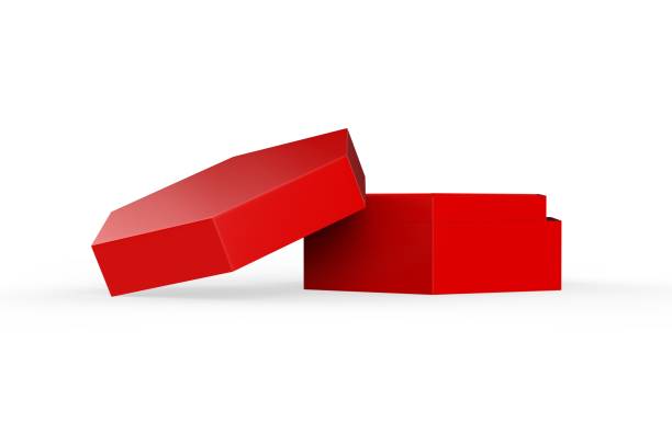 istock Blank red cardboard hexagon packaging box mockup template on isolated white background, 3d illustration 1285218887