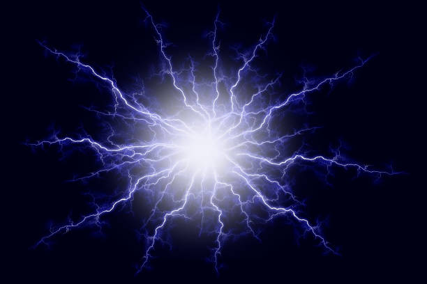 istock Powerful electrical discharge hitting from the center realistic illustration isolated on black transparent background. Flaming lightning strike in the dark. Electrical energy flash light effect 1285219246