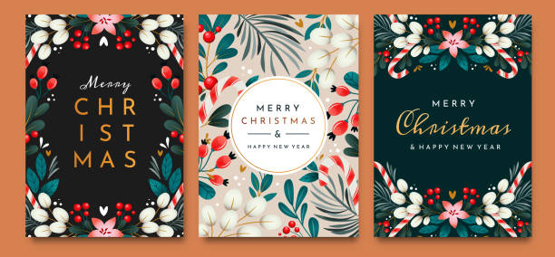 Holidays greeting cards Christmas cards with ornaments of branches, berries and leaves. Set of greeting cards. christmas card stock illustrations