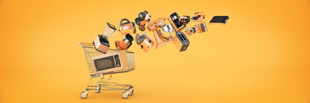 Many Kitchen Appliance Falling in Shopping Cart. 3d Rendering