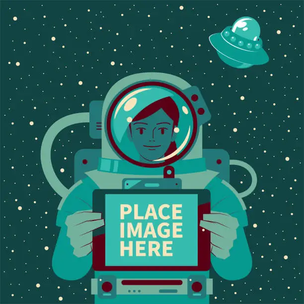 Vector illustration of Smiling beautiful female astronaut (spaceman) holding and showing a digital tablet, Mars immigrants, Space Travel and Exploration