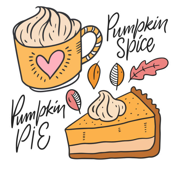 호박 향신료와 호박 파이. 손으로 그린 스케치. - pumpkin latté coffee spice stock illustrations