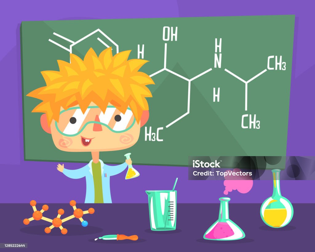 Funny Boy Scientist Experimenting With Mixing Chemicals In Lab ...