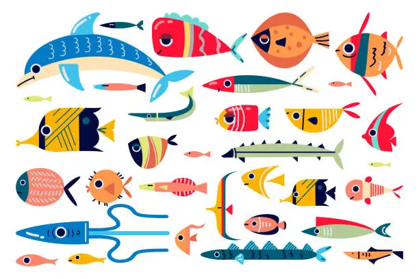 Vector illustration of Ocean fish doodle print set