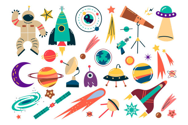 illustrazioni stock, clip art, cartoni animati e icone di tendenza di set di doodle spaziale - mercury rocket