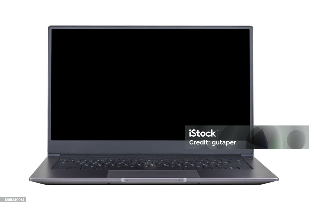 black mock up on laptop screen isolated on white background close up front view Laptop Stock Photo
