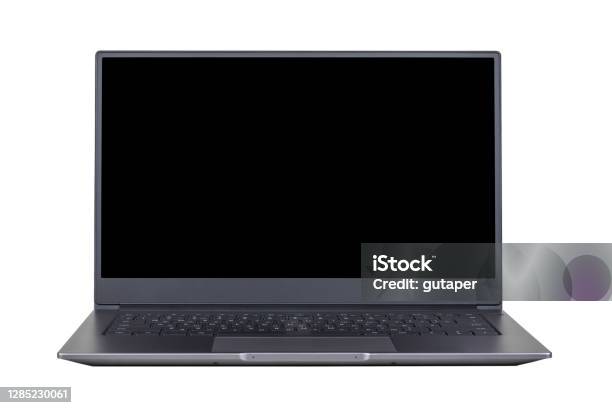 Black Mock Up On Laptop Screen Isolated On White Background Close Up Front View Stock Photo - Download Image Now