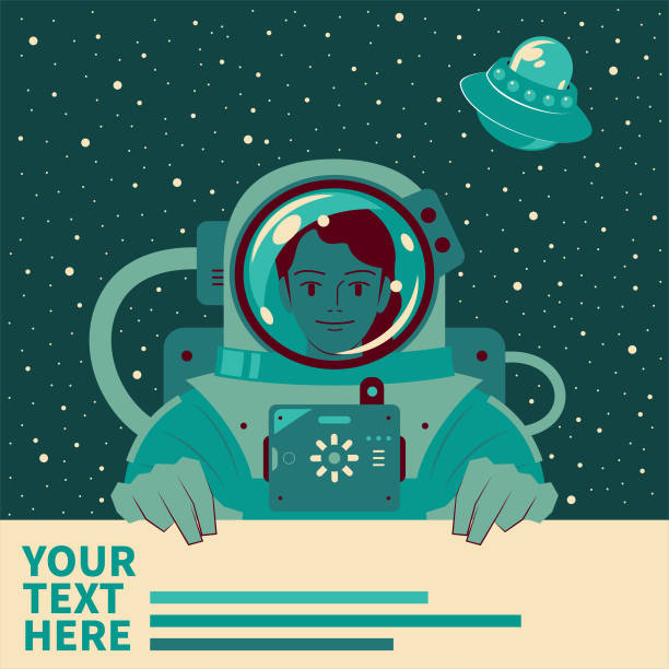 uśmiechnięta piękna astronautka (kosmówka) trzymająca i pokazująca pusty znak, marsjańscy imigranci, podróże kosmiczne i eksploracja - protective suit obrazy stock illustrations