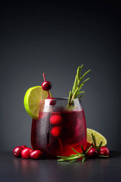 cranberry cocktail garnished with berries, lime, and rosemary. - cranberry juice imagens e fotografias de stock