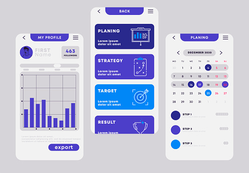 Vector illustration of template mobile applications for detailed planning of projects, the purposes of personal use, statistics, a calendar and a description of the steps