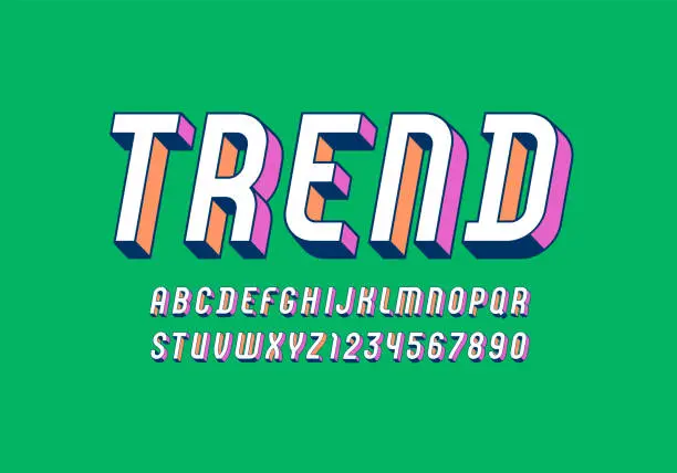Vector illustration of 3D Font from multicolored, trendy bright alphabet, modern condensed italic letters and numbers for your design, vector illustration.