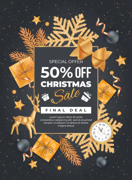 Vector illustration of Christmas and New Year Discount Sale Flyer Background Final Deal Special Seasonal Offer Golden snowflakes, gift boxes, wall clock, fir branches, deer, balls, stars.