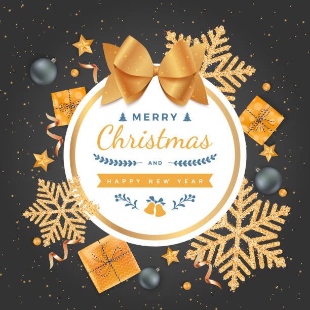 ilustrações de stock, clip art, desenhos animados e ícones de merry christmas and happy new year greeting background. xmas card. ball with bow, golden snowflakes, gift boxes, balls, stars, serpentine. - abstract backgrounds bow greeting card