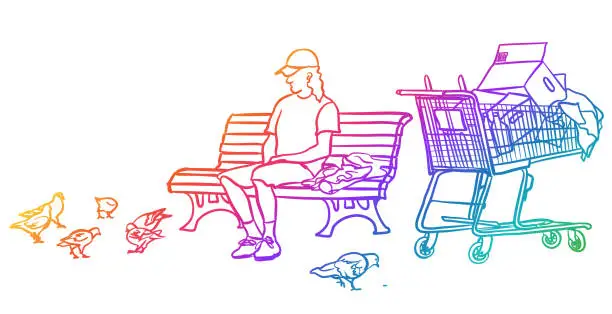 Vector illustration of Homeless Man On A Park Bench Rainbow