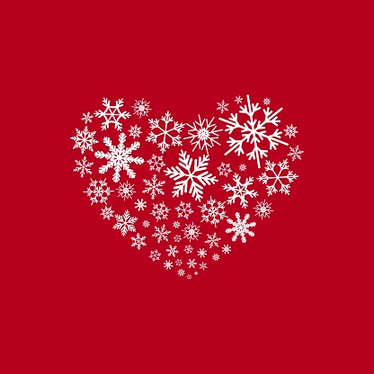 Heart shape of snowflakes on redbackground. Vector flat illustration. Christmas card. New year background. Holiday clip art.