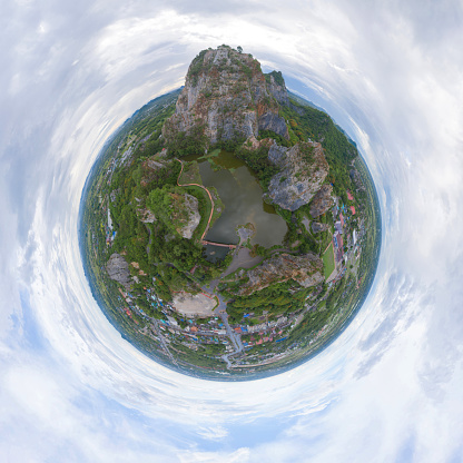 Little planet 360 degree sphere. Panorama of aerial view of Khao Ngu Stone. National park with river lake, mountain valley hills, and green forest trees at sunset in Ratchaburi, Thailand.
