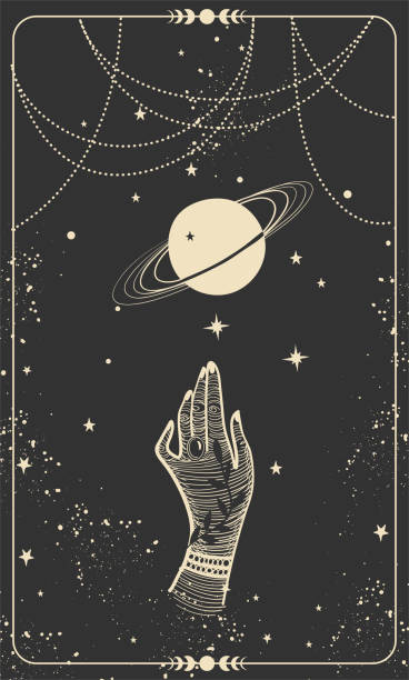 Tarot card with hand and planet. Magic card, boho design, tattoo, engraving, cover for the witch. Golden mystical hand drawing on a black background with stars. Tarot card with hand and planet. Magic card, boho design, tattoo, engraving, cover for the witch. Golden mystical hand drawing on a black background with stars moon patterns stock illustrations
