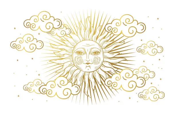 Vector illustration of Magic banner for astrology, tarot, boho design. Universe, golden sun with face and clouds on white isolated background. Esoteric vector illustration, pattern.