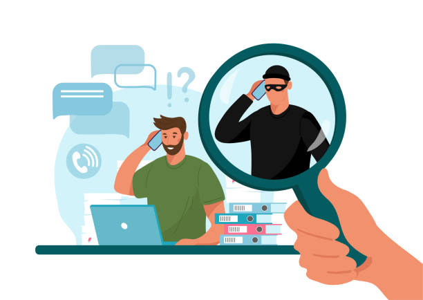 Online crime concept illustration, online social media fraud. A swindler and a thief are working at the computer. Vector flat illustration isolated on white background. Online crime concept illustration, online social media fraud. A swindler and a thief are working at the computer. Vector flat illustration isolated on white background scammer stock illustrations