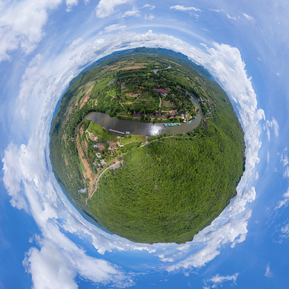 Little planet 360 degree sphere. Panorama of green mountain hill with lake or river. Nature landscape background in Phetchabun, Thailand.