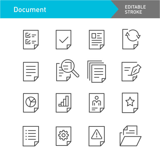 ilustraciones, imágenes clip art, dibujos animados e iconos de stock de conjunto de iconos de documento - serie de líneas - trazo editable - papel