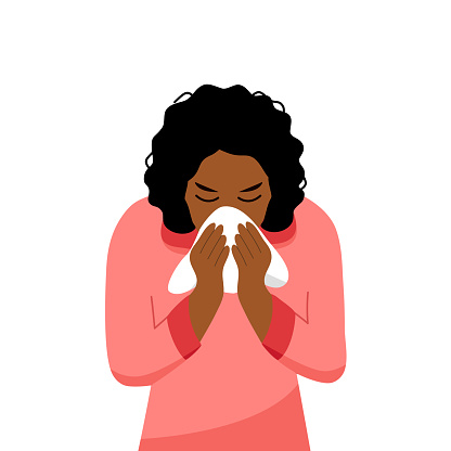 Black woman sneezing concept vector on white background. African woman in pink dress blowing in handkerchief. Sick woman sneeze. Season allergy. COVID-19 Coronavirus infection.