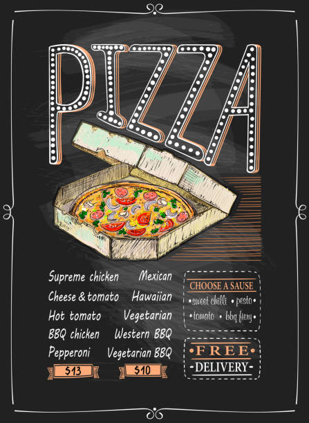 Pizza chalkboard menu with pizza in delivery box illustration Pizza chalkboard menu with pizza in delivery box illustration, hand drawn lettering chalkboard menu template stock illustrations