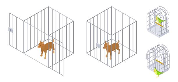 Animals in cages. Isometric dog bird inside and outside cage. Pet care vector illustration Animals in cages. Isometric dog bird inside and outside cage. Pet care vector illustration. Cage for pet, animal domestic puppy safety birdcage stock illustrations