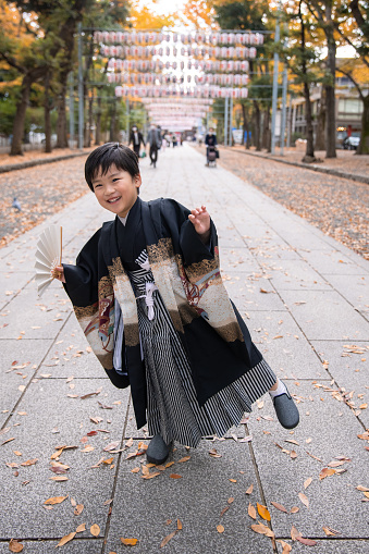 Scene from Japanese 'Shichi Go San', traditional Japanese ritual / ceremony for three-year-old girls, five-year-old boys, and seven-year-old girls to celebrate the growth and well-being of young children. The kids wear traditional Japanese kimono / hakama during the event.