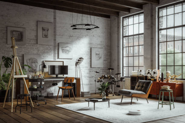 Digitally generated image of an industrial style loft apartment beautiful apartment loft in a new york industrial style industrial style photos stock pictures, royalty-free photos & images