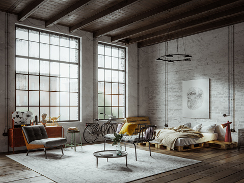 Digitally generated image of a new york style industrial apartment loft