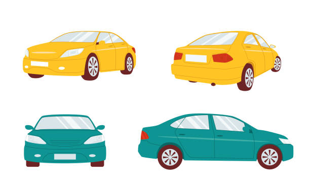 zestaw samochodów pod różnymi kątami. wektor sedan ilustracja odizolowana na białym - sedan car driving city stock illustrations